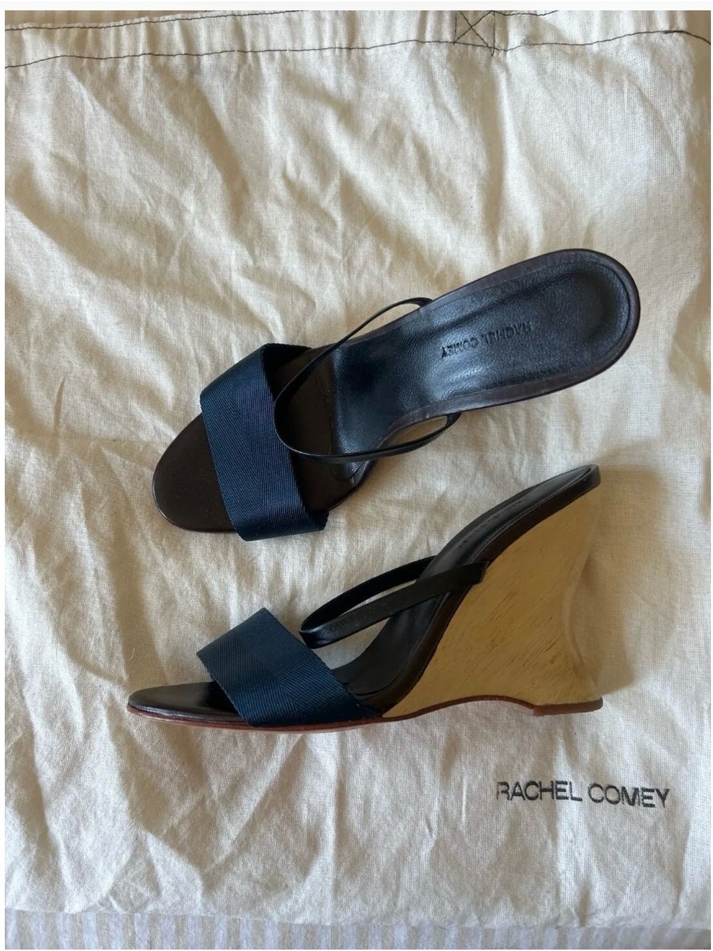 Rachel Comey Navy and Black Wedge Sandals with Wood Heel
